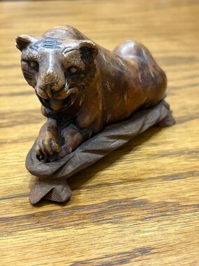 Asian Hand carved in stone tiger figure w/ wood base Marked 27 Japanese antique